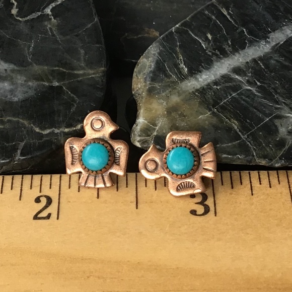 Vintage Copper Turquoise Earrings Thunderbird Southwest Style Pierced - Picture 11 of 12